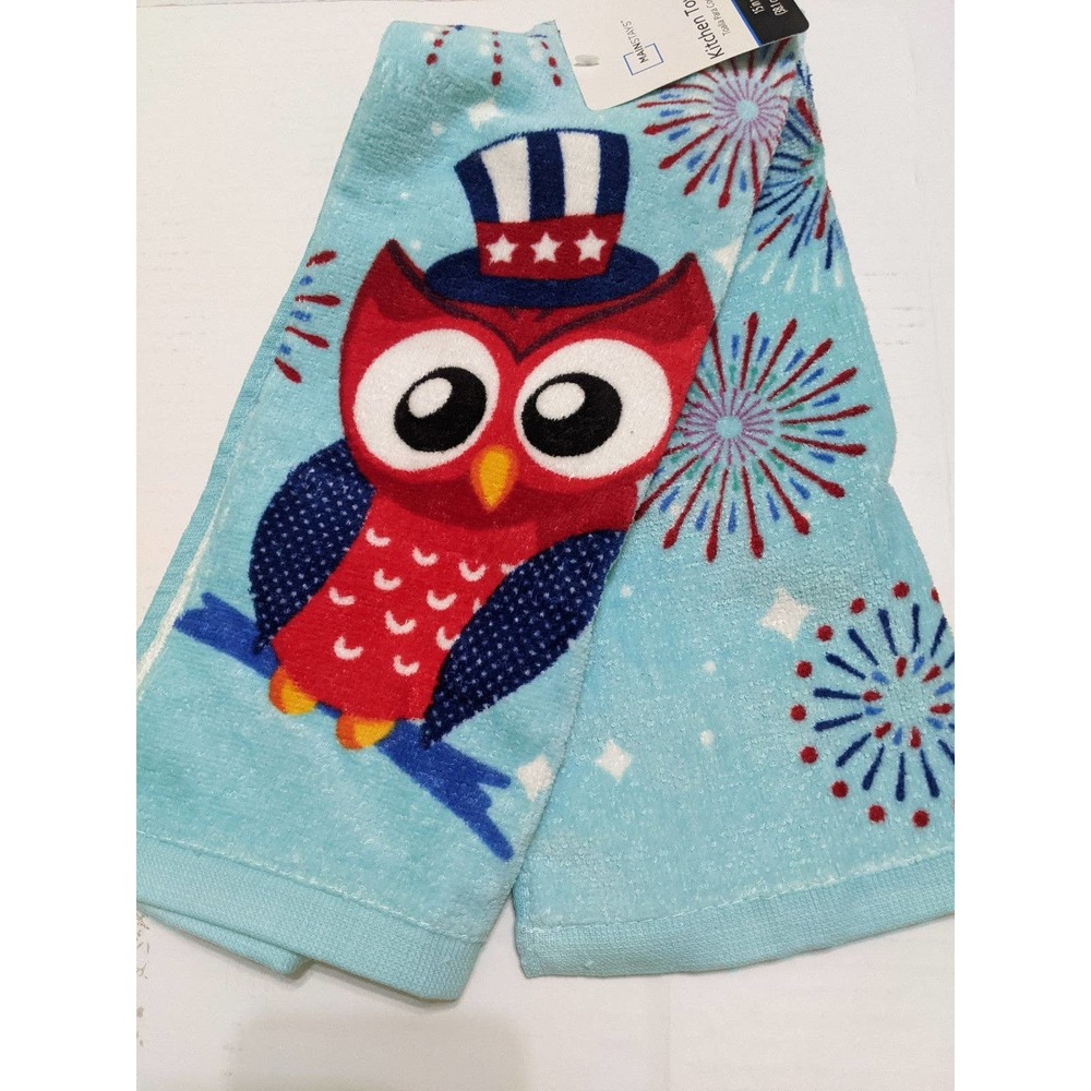 4/$20 mainstays red white blue owl top hat patriotic usa fireworks kitchen towel